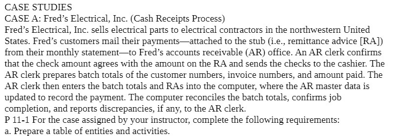  lCASE STUDIES CASE A: Fred's Electrical, Inc. (Cash Receipts Process] Fred's