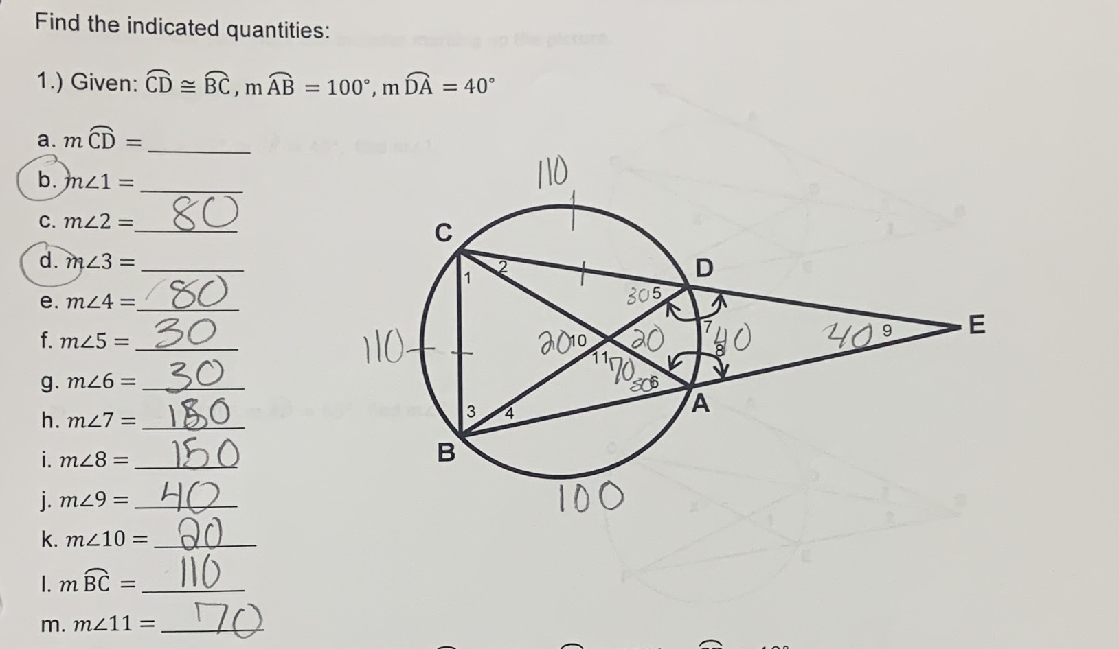 Find the indicated quantities: 1.) Given: CD = BC, m AB