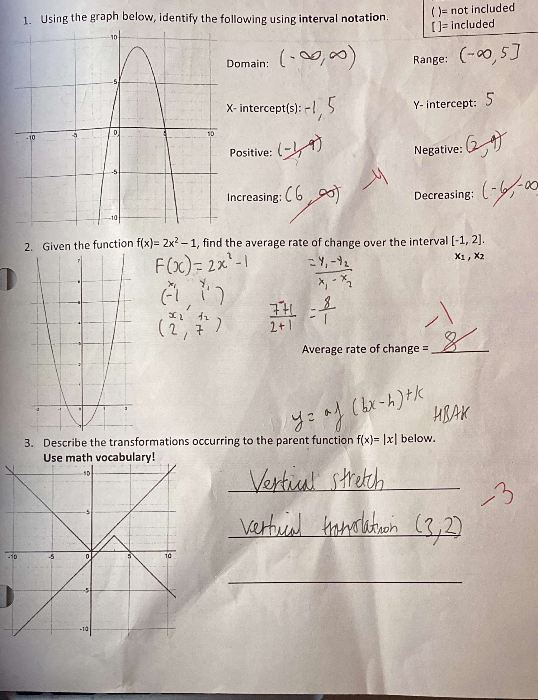 1. Using the graph below, identify the following using interval notation.