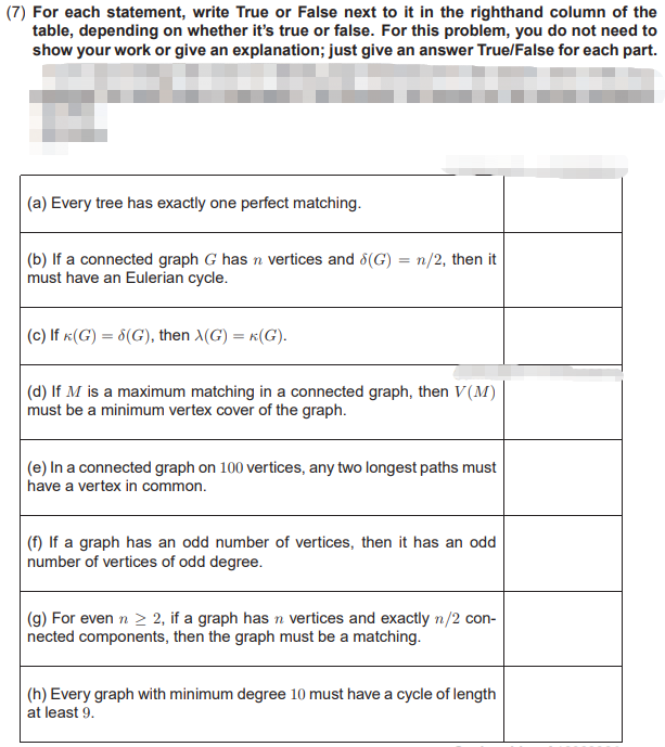 Graph Theory (7) For each statement, write True or False next to