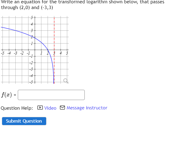 write an equation for the transformed logarithm shown below, that passes through