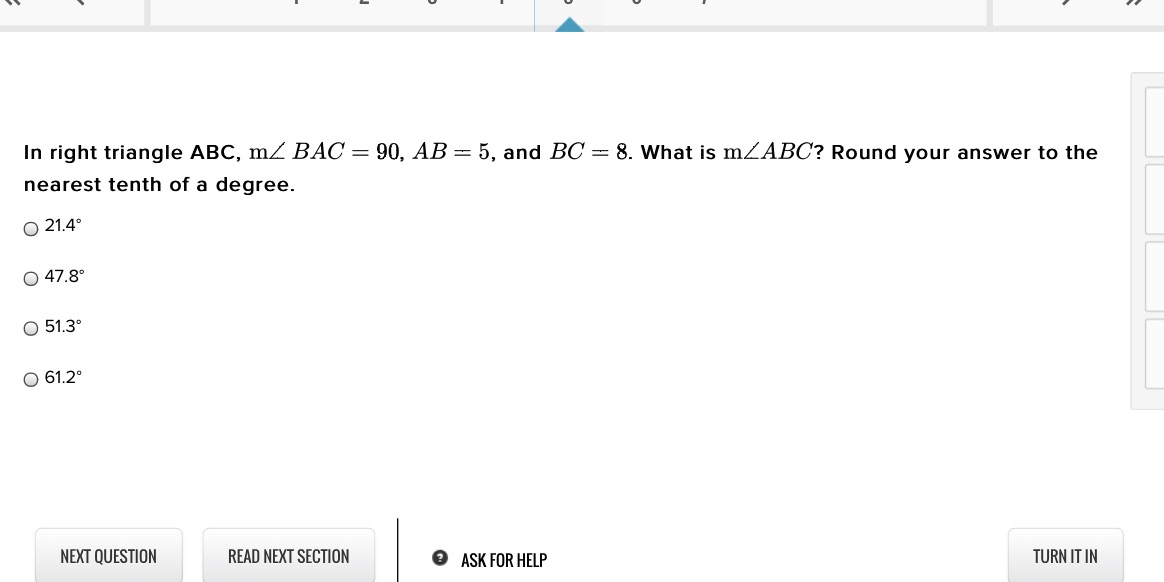 Answer In right triangle ABC, m/ BAC =90, AB = 5, and