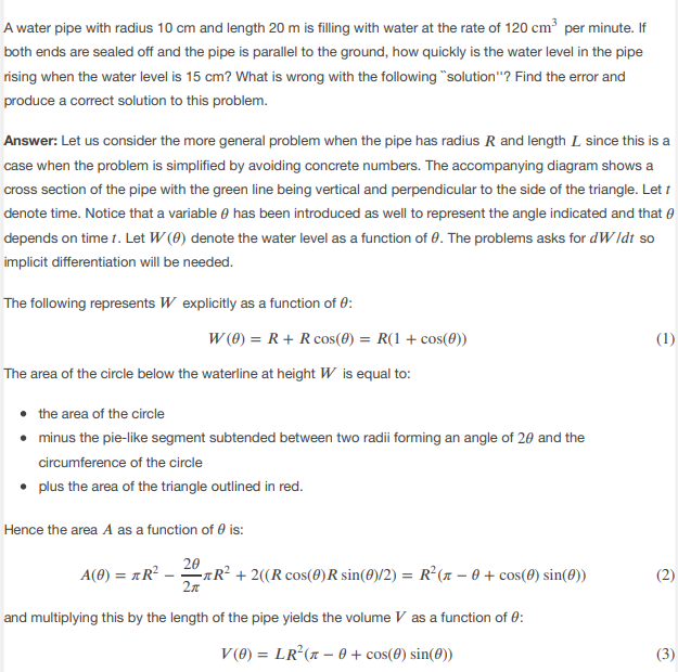  A water pipe with radius 1D cm and length 2t] m