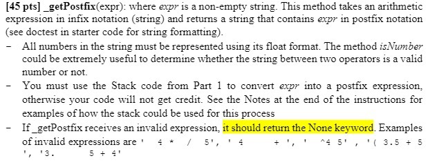 [45 pts]_getPostfix (expr): where expr is a non-empty string. This method