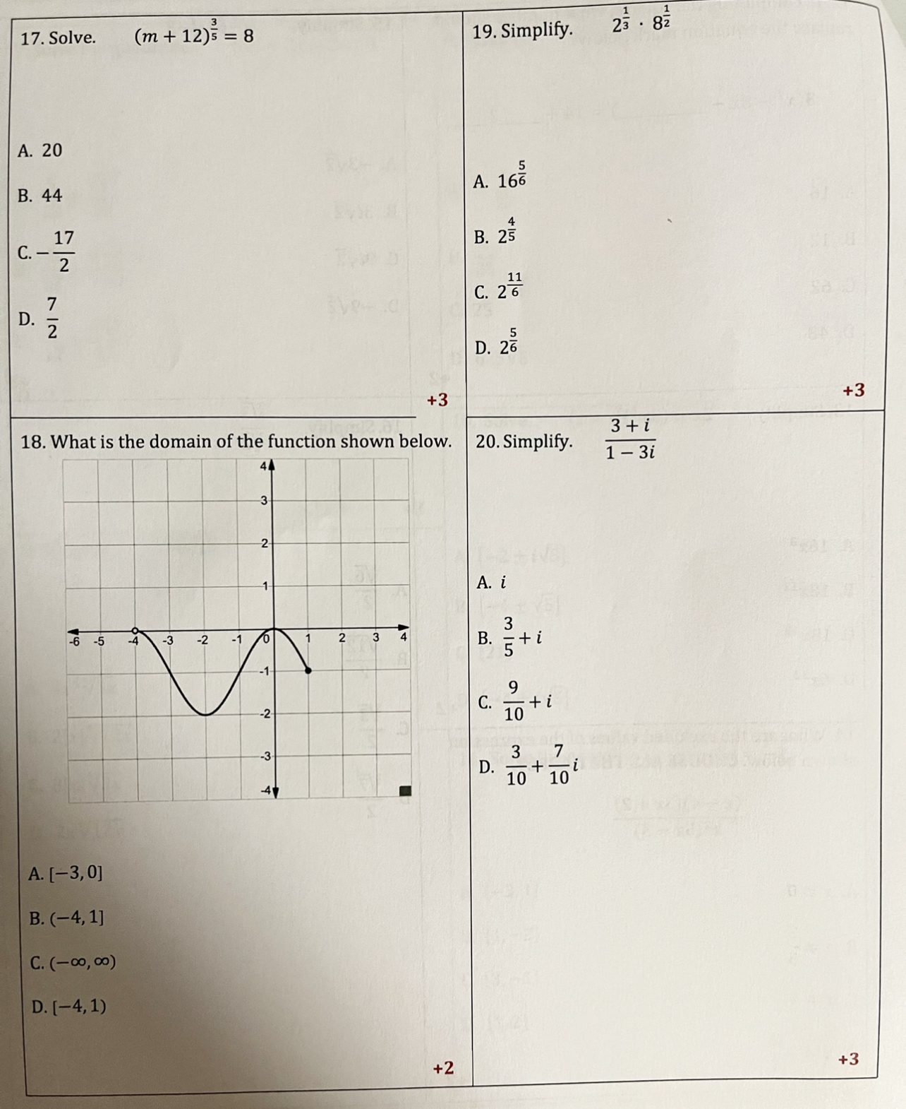  17. Solve. (m + 12)5 = 8 19. Simplify. 23 .
