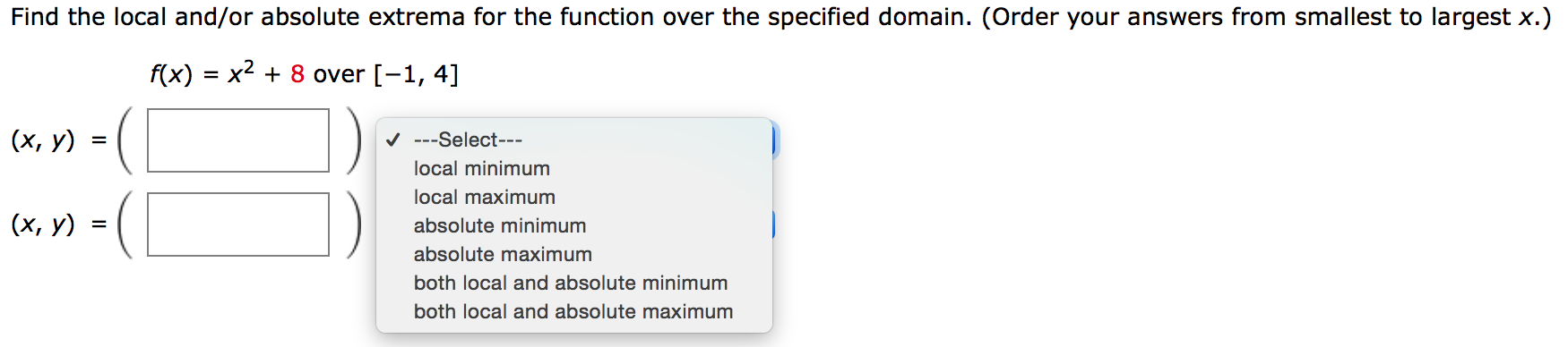 Find the local and/or absolute extrema for the function over the specified
