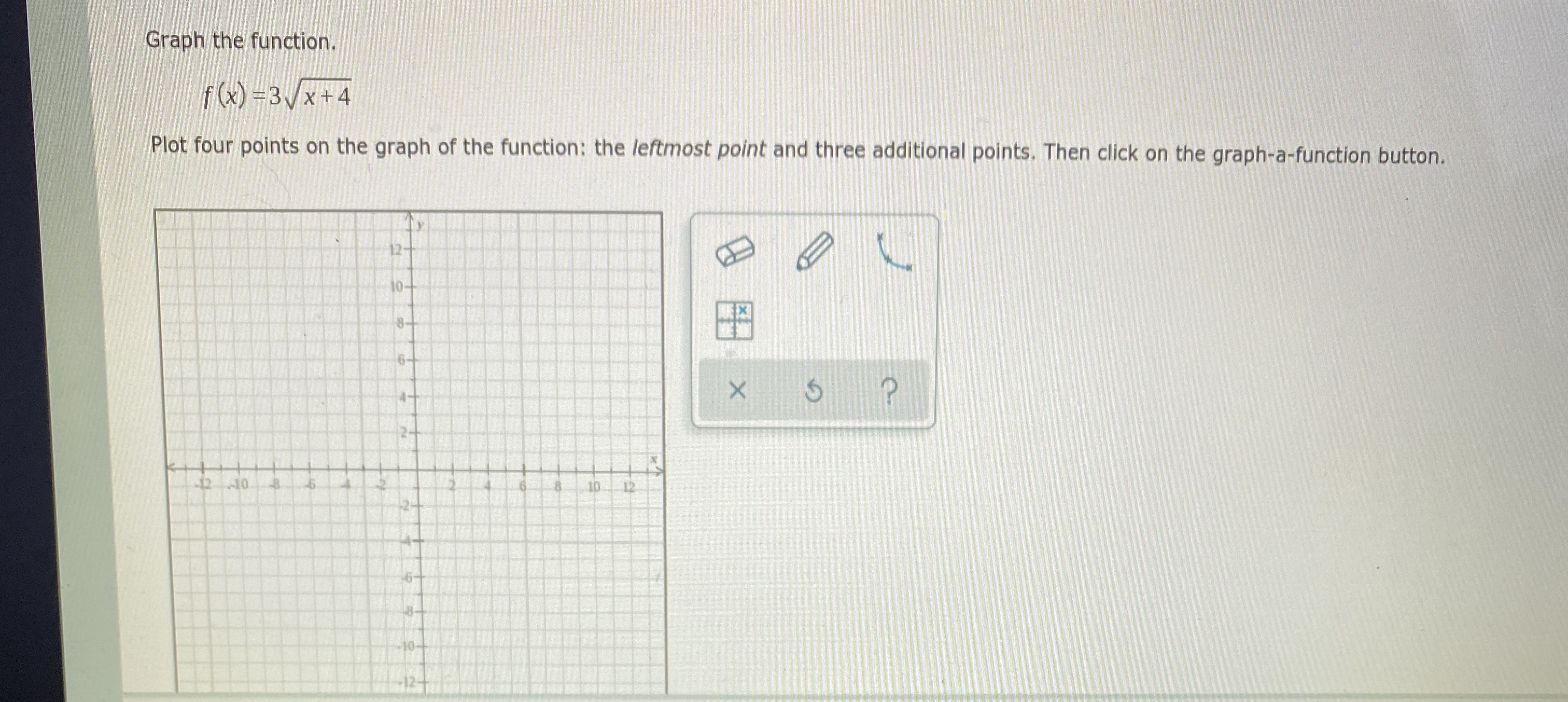 Graph the function Graph the function. f ( x) =3Vx+4 Plot four