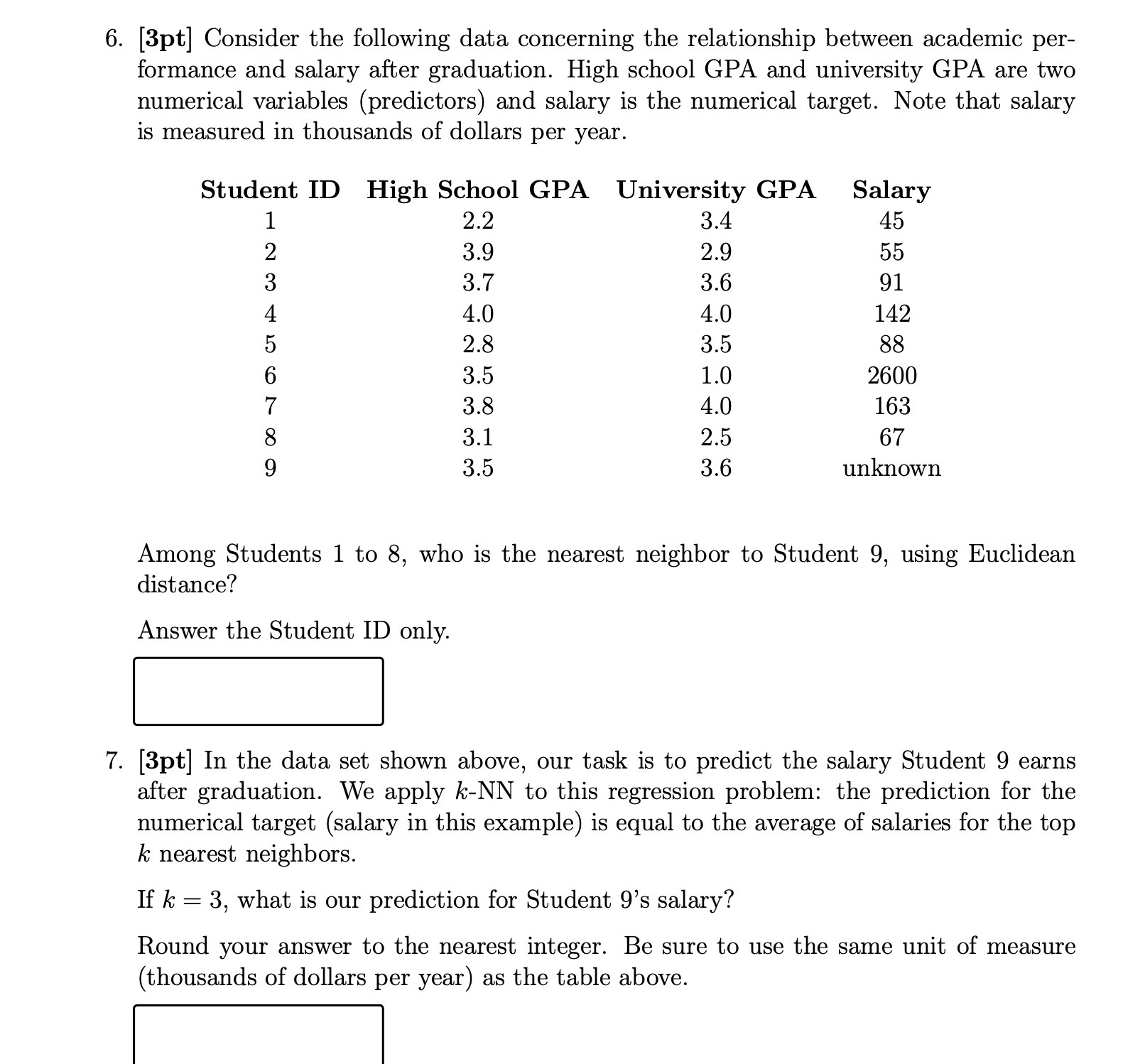  6. [3pt] Consider the following data concerning the relationship between academic