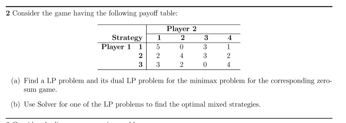 Linear programming problem. Please include all the steps. 2 Consider the game