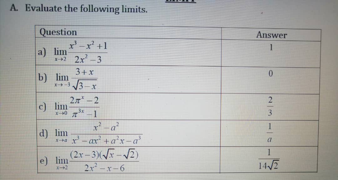  A. Evaluate the following limits. Question Answer x -x2 +1 a)