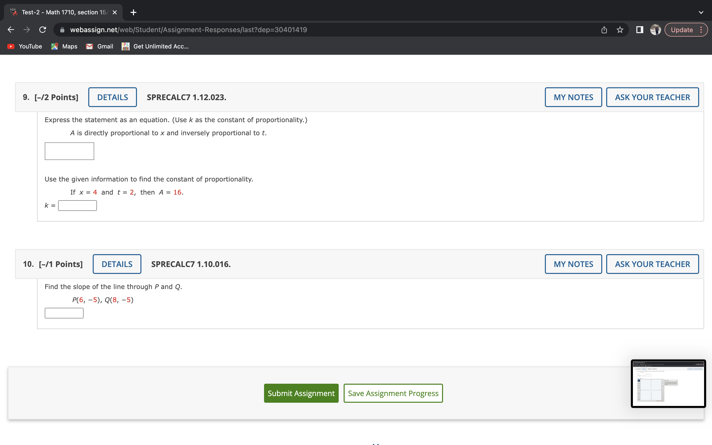  . Test-2 - Math 1710, section 15/ x C webassign.net/web/Student/Assignment-Responses/last?dep=30401419 0