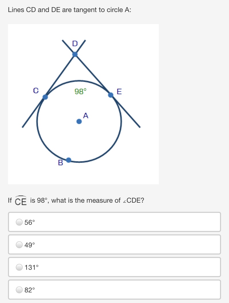 as long as the chord. \f\f\fLines CD and DE are tangent to
