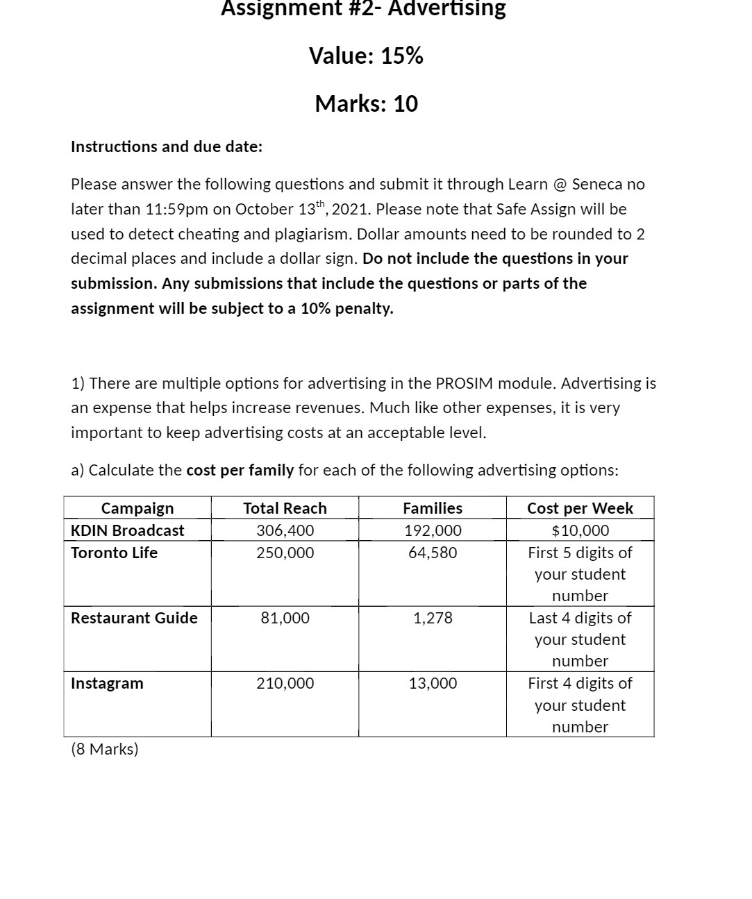 Assignment #2- Advertising Value: 15% Marks: 10 Instructions and due date: