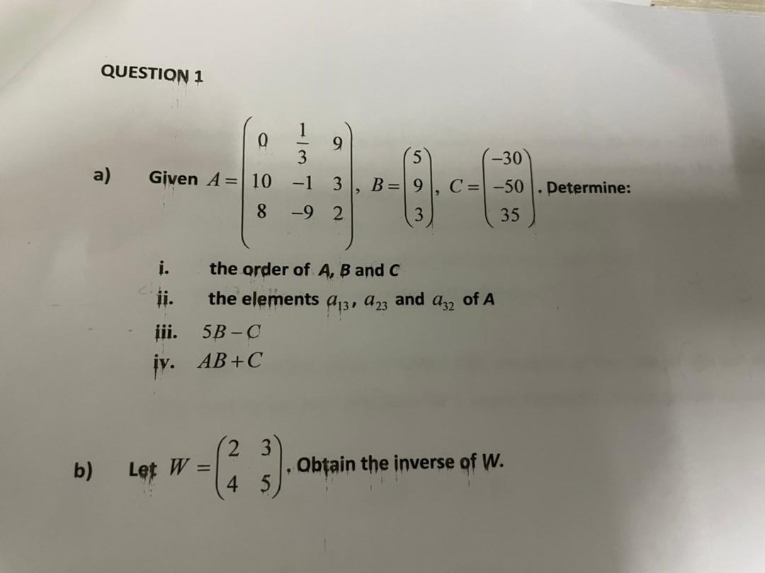 Please solve the question below. QUESTION 1 2 9 5 -30 a