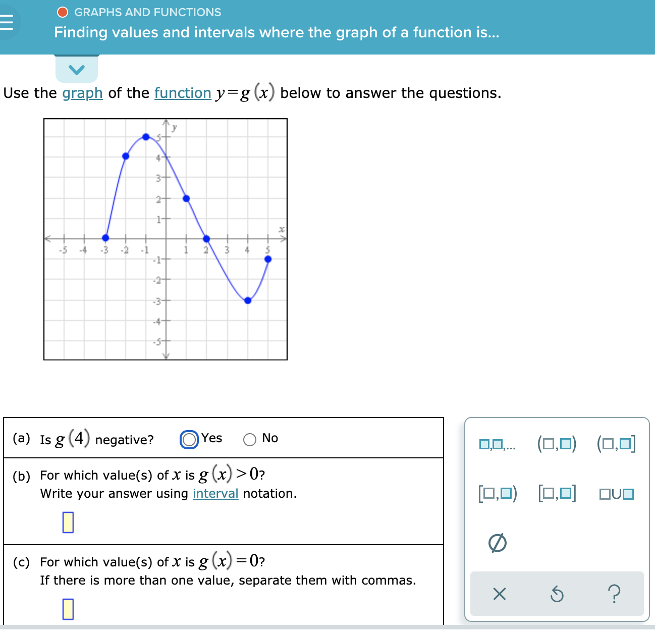 O GRAPHS AND FUNCTIONS Finding values and intervals where the graph