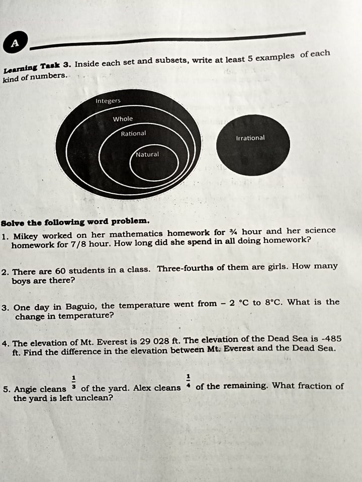 Learning Task 3. Inside each set and subsets, write at least