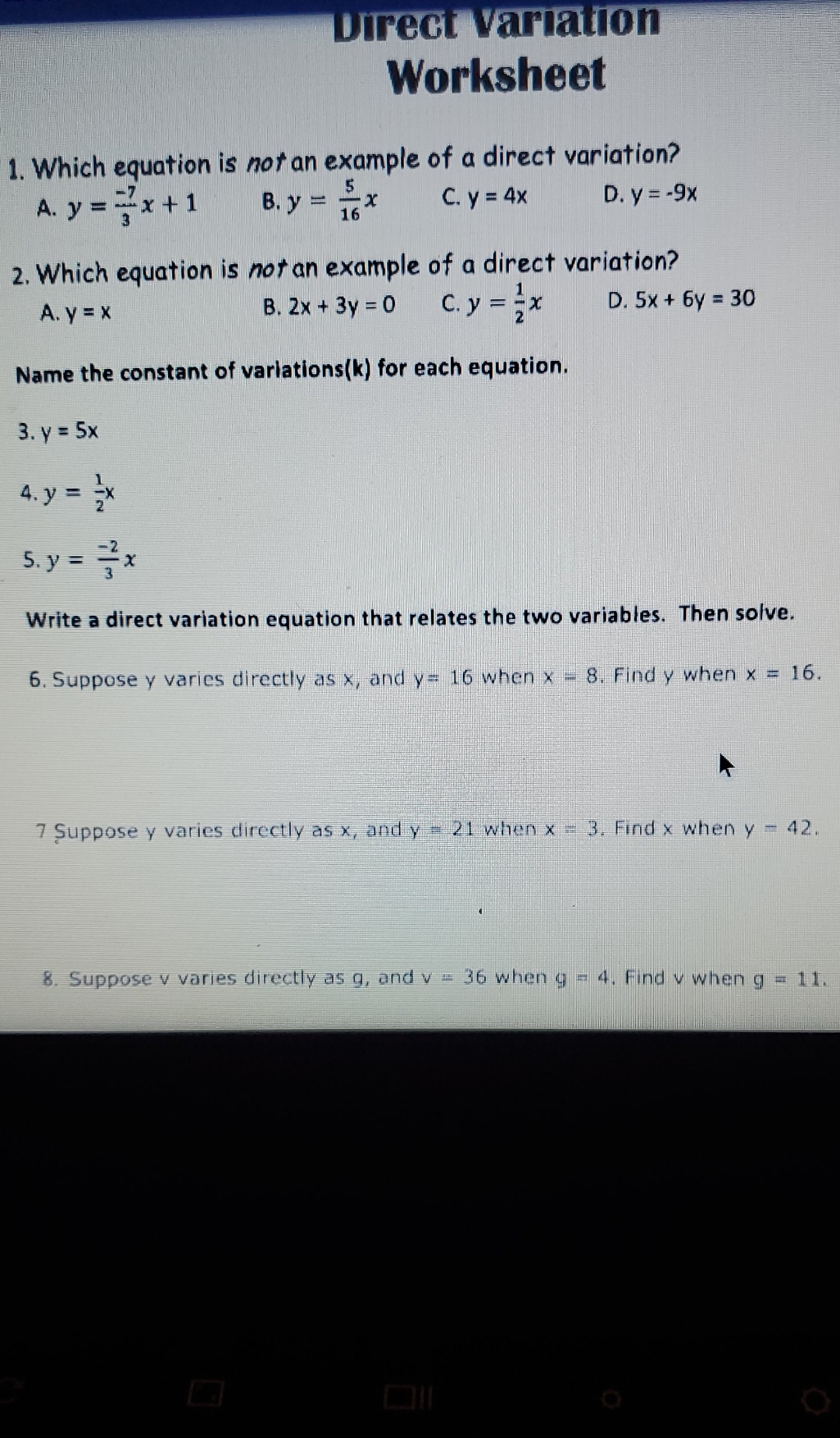 can u do my work Direct Variation Worksheet 1. Which equation is