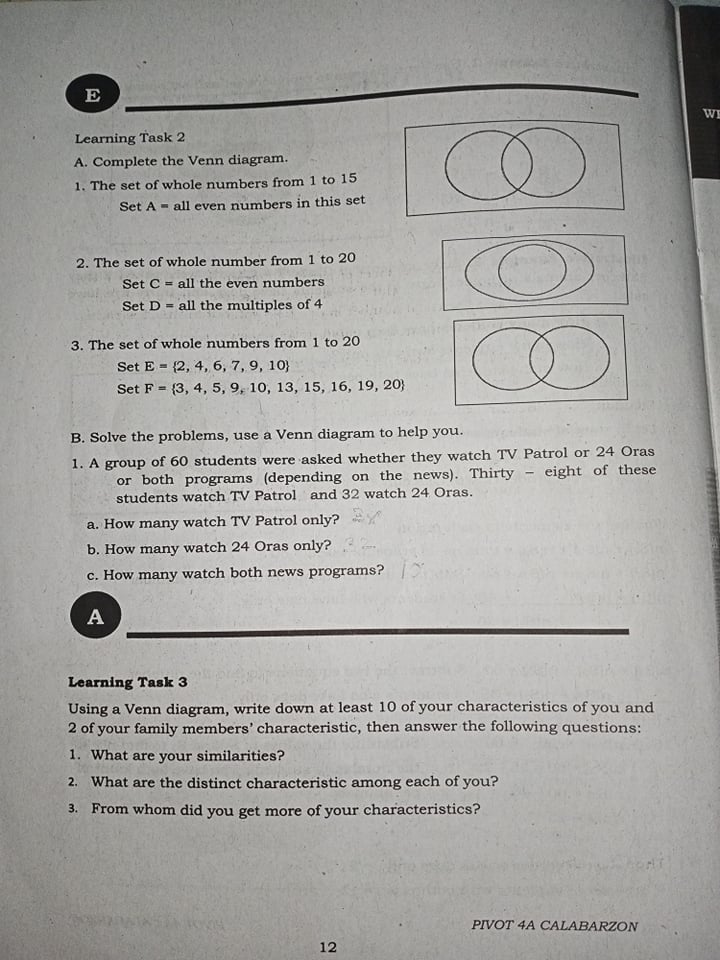  Learning Task 2 A. Complete the Venn diagram. 1. The set