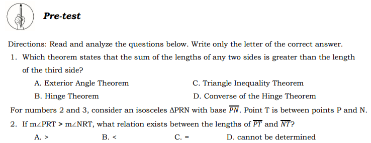 CHOOSE THE CORRECT ANSWER. @ Pro-test Directions: Read and analyze the questions