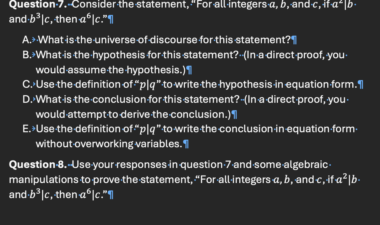  Question.7. .Consider the statement, " For all integers a, b, and