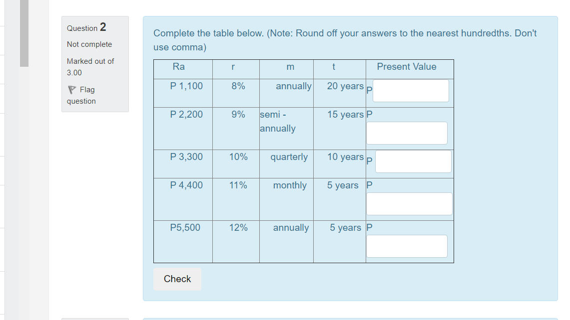 Complete the table below Question 2 Complete the table below. (Note: Round