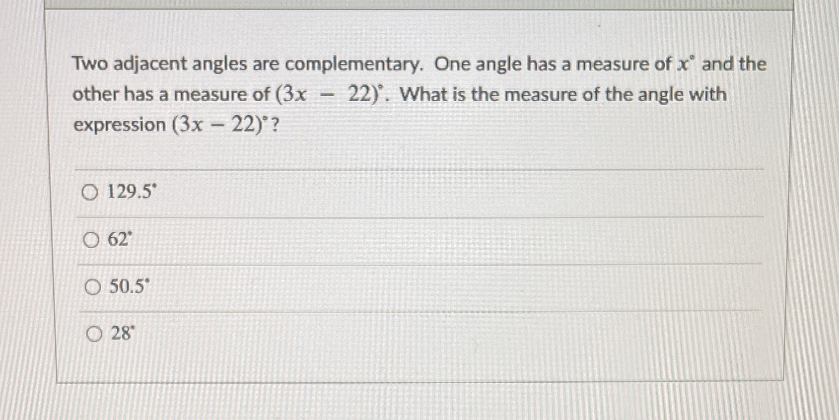 Two adjacent angles are complementary. One angle has a measure of