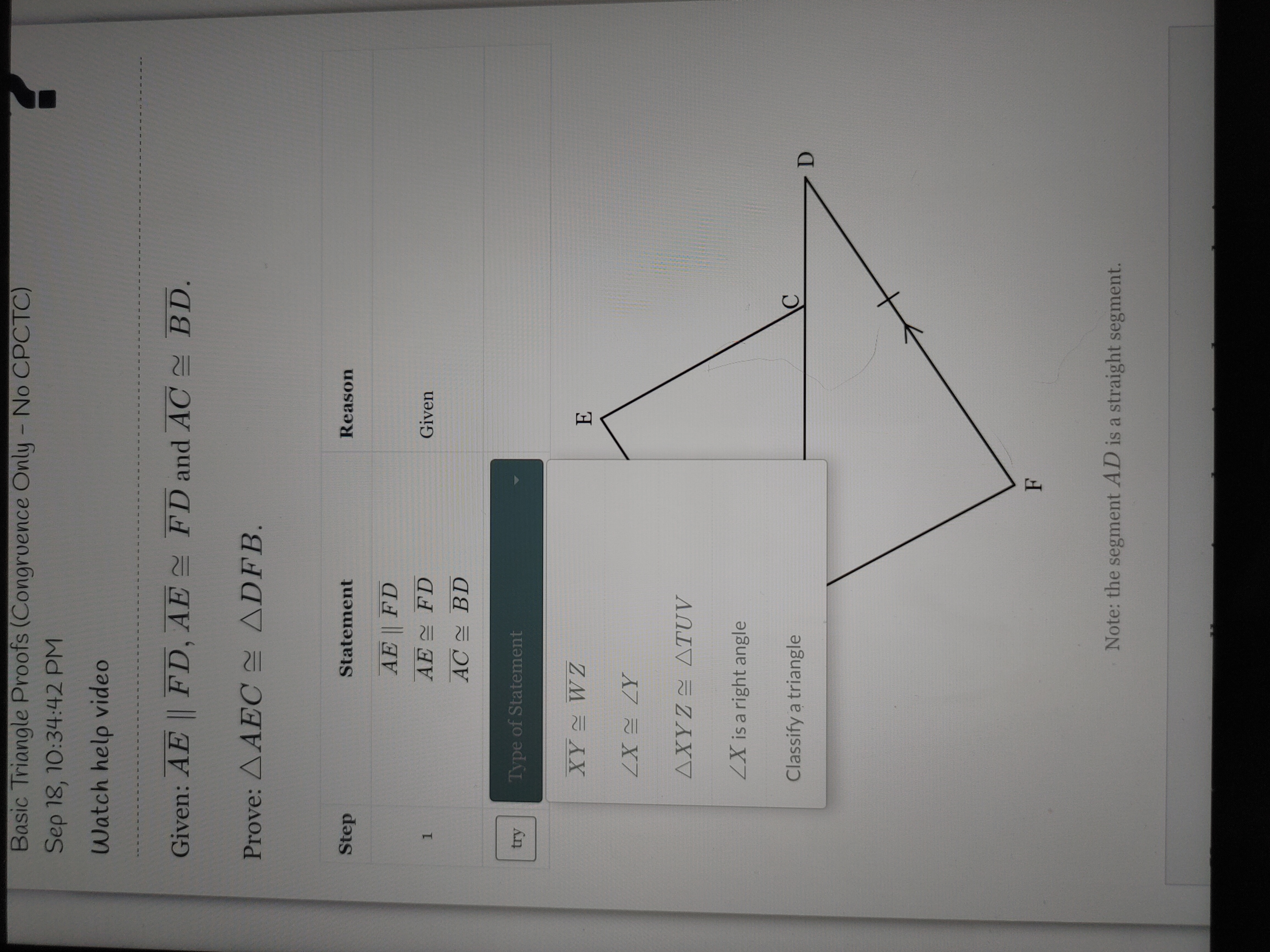 No CPCTC) Sep 18, 10:34:42 PM Watch help video Given: AE ||