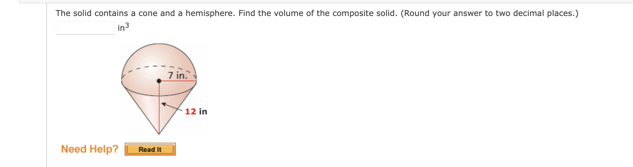 The solid contains a cone and a hemisphere. Find the volume