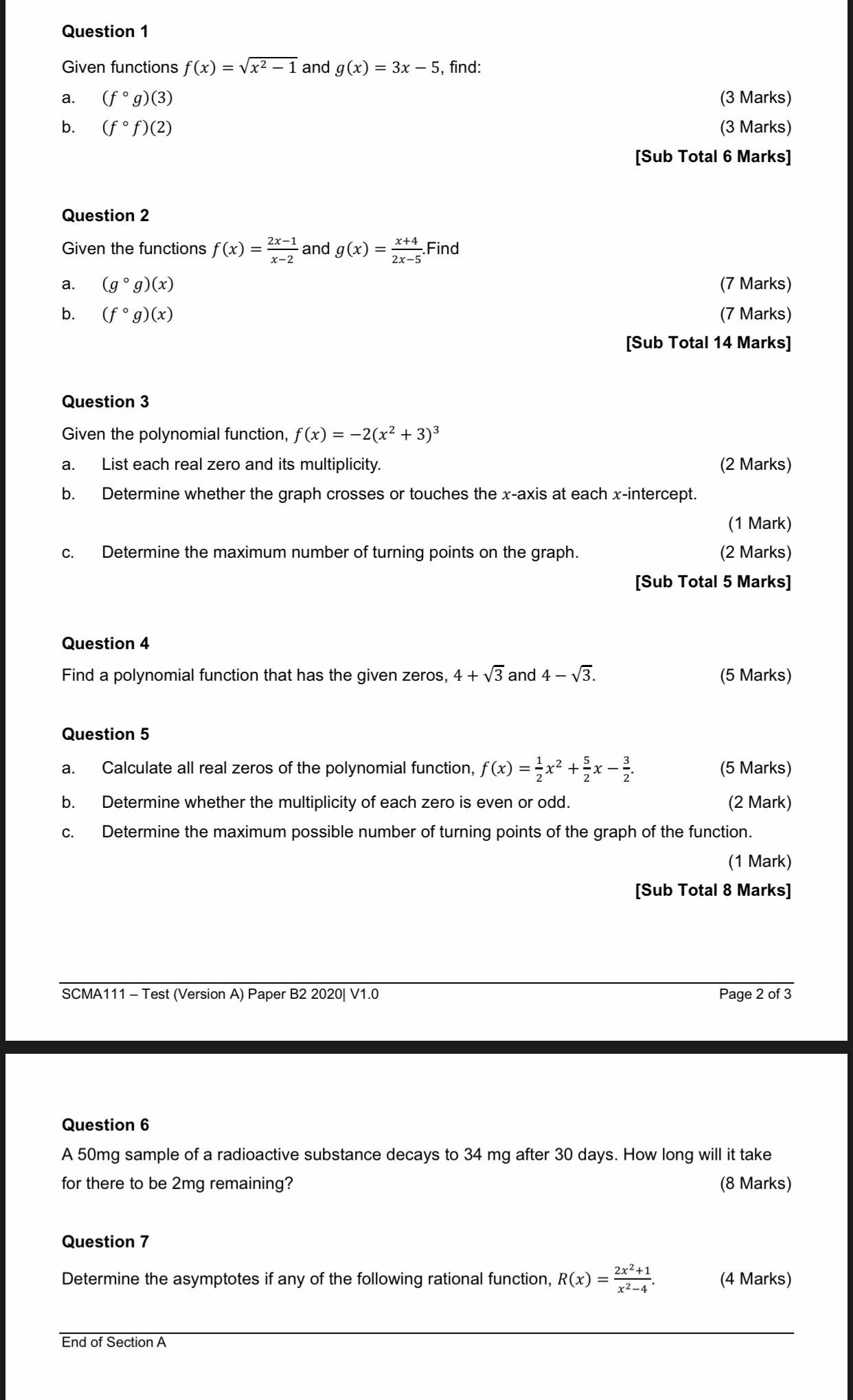 ............. Question 1 Given functions f(x) = sz 1 and g(x) =