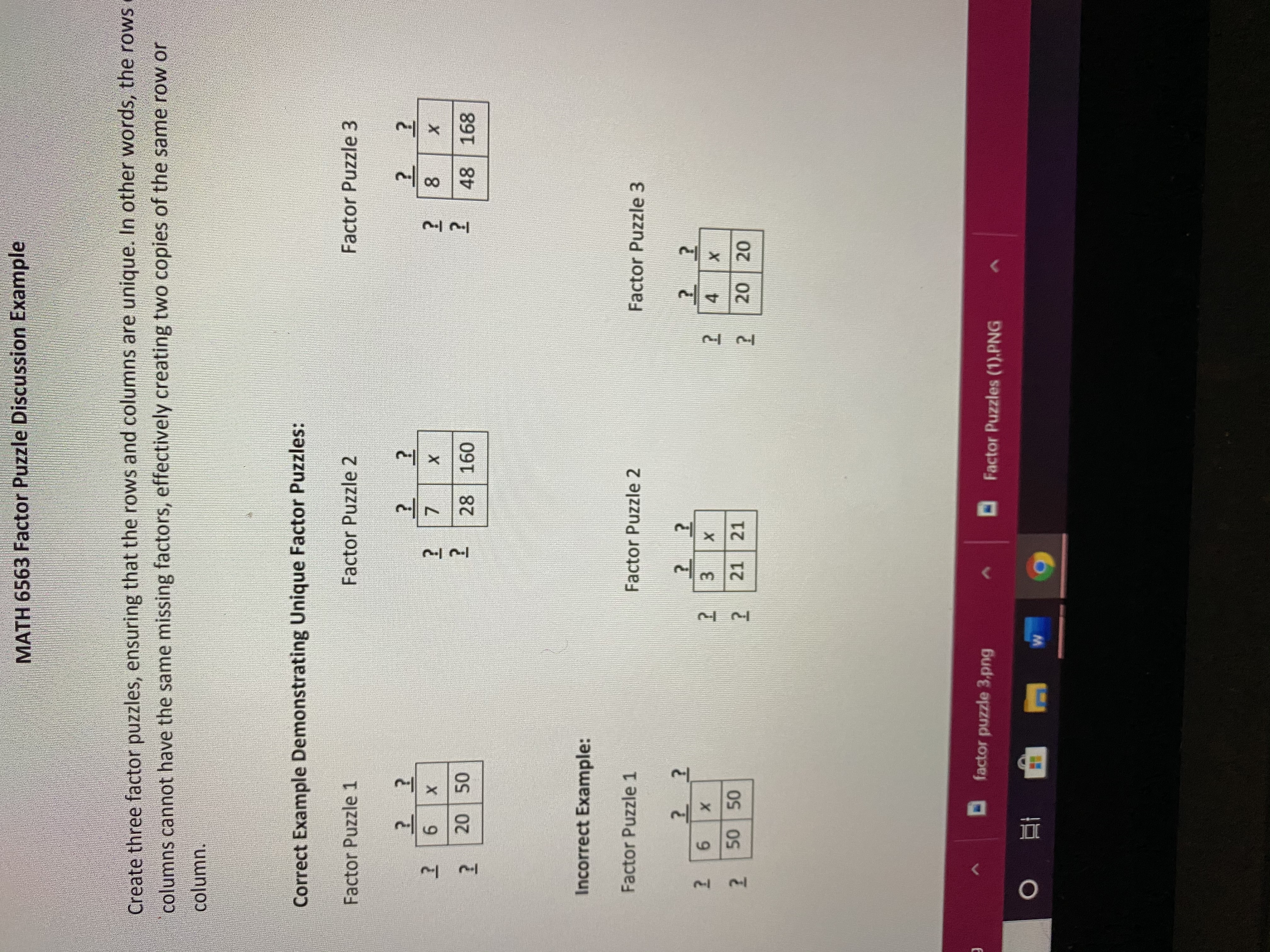 same missing factors. I have attached examples. Please provide explanation of puzzles