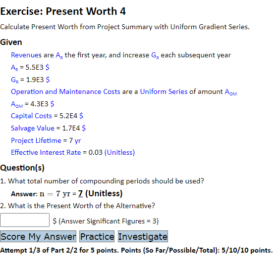  Exercise: Present Worth 4 Calculate Present Worth from Project Summary with