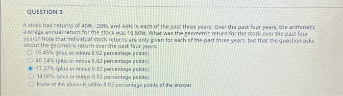 i need help with this asap A stock had returns of 40%,20%,