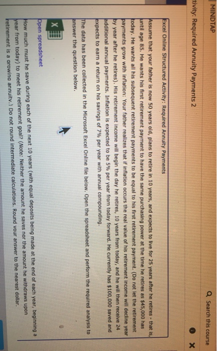  MINDTAP Q Search this course tivity: Required Annuity Payments 2 X