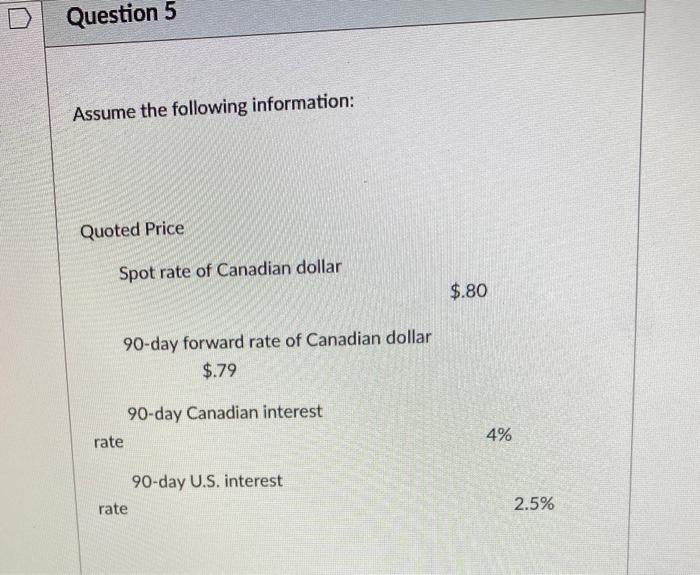  Assume the following information: Quoted Price Spot rate of Canadian dollar