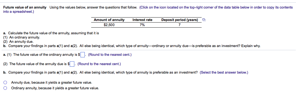 Future value of an annuity Using the values below, answer the
