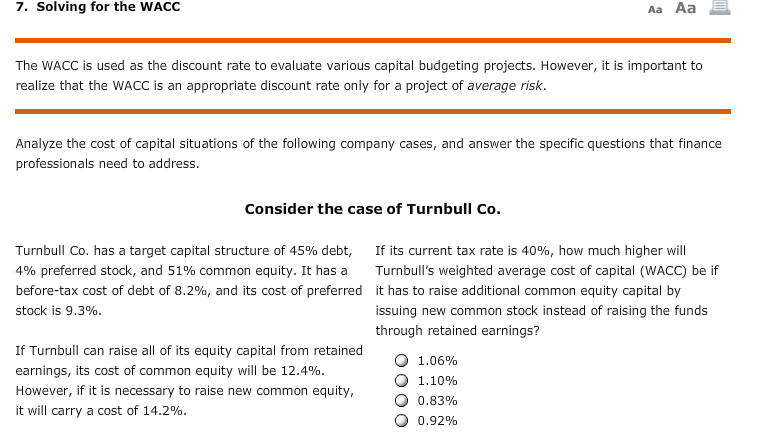 7. Solving for the WACC Aa Aa The WACC is used