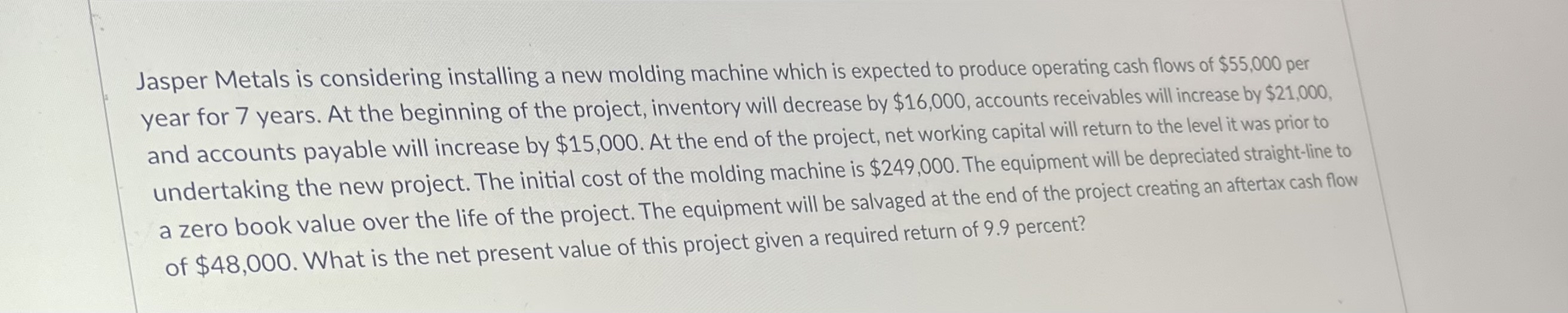  Jasper Metals is considering installing a new molding machine which is