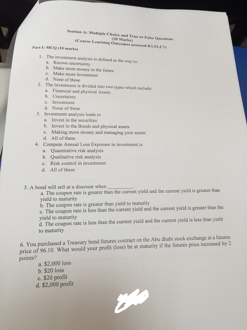  Section A: Multiple Choice and True or False Questions (20 Marks)