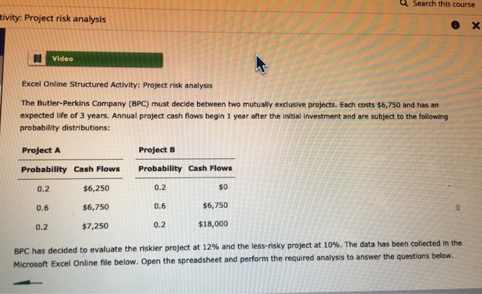  Search this course tivity: Project risk analysis x Video Excel Online