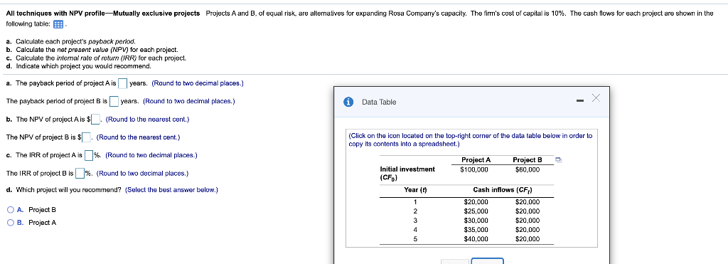 All techniques with NPV profile-Mutually exclusive projects Projects A and B.