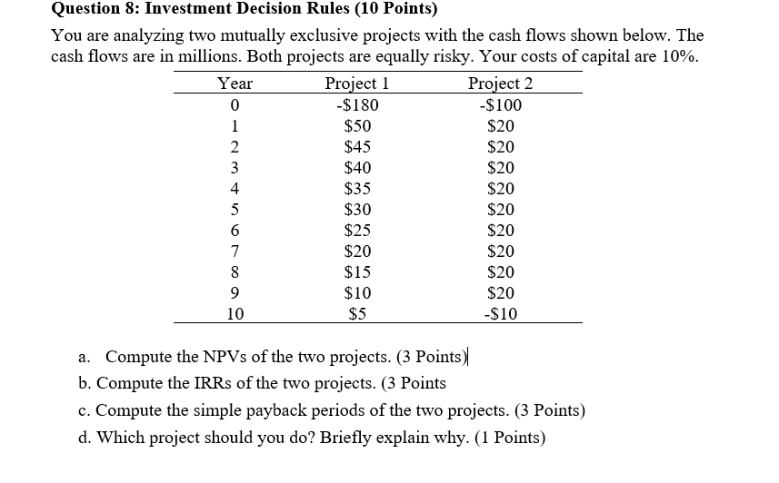 Question 8: Investment Decision Rules (10 Points) You are analyzing two