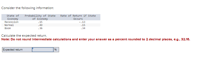  Consider the following information: Calculate the expected return. Note: Do not