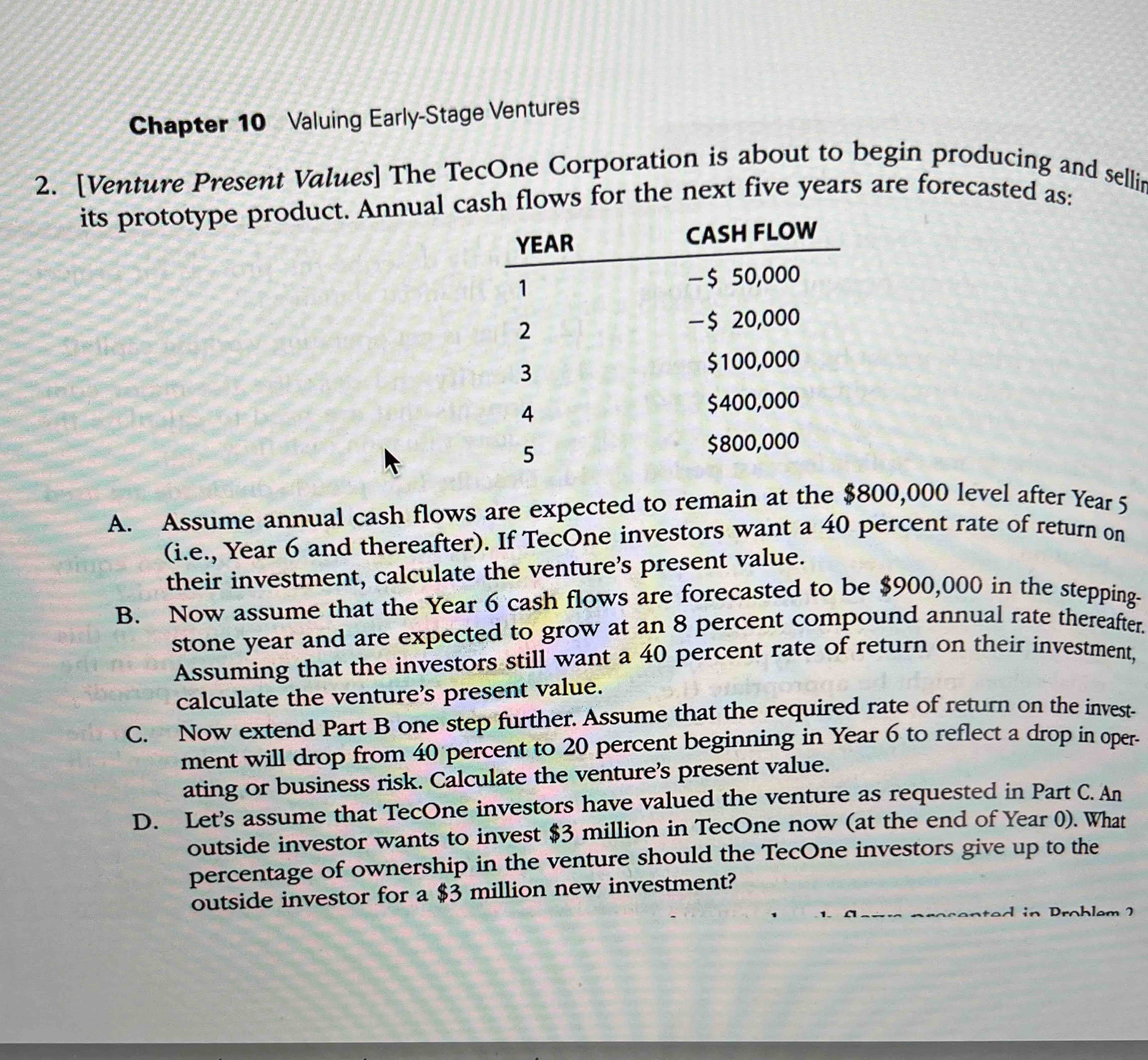  Chapter 10 Valuing Early-Stage Ventures [Venture Present Values] The TecOne Corporation