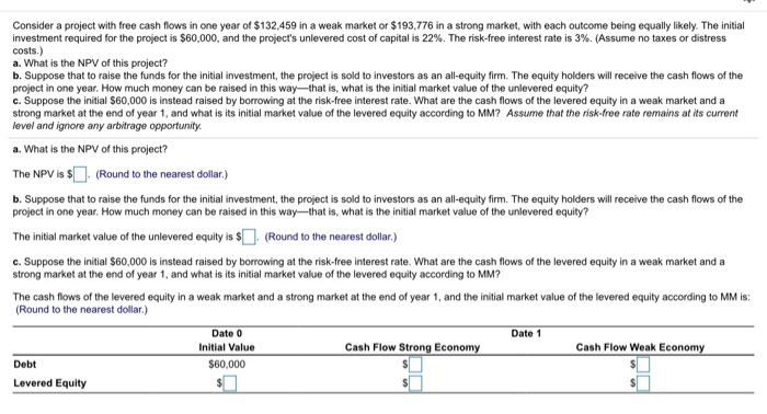  Consider a project with free cash flows in one year of