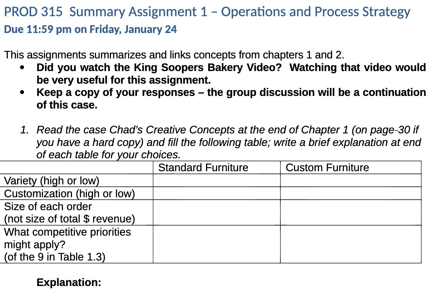 PROD 315 Summary Assignment 1 Operations and Process Strategy Due 11:59