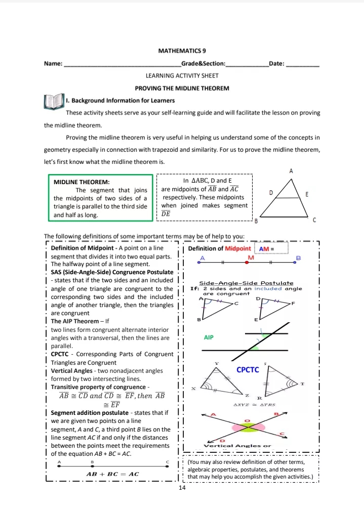 GRADE 9--- MATHEMATICS 9 Name: Grade&Section: Date: LEARNING ACTIVITY SHEET PROVING THE