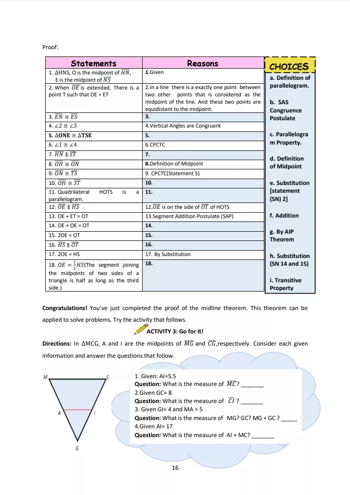 your self-learning guide and will facilitate the lesson on proving the midline
