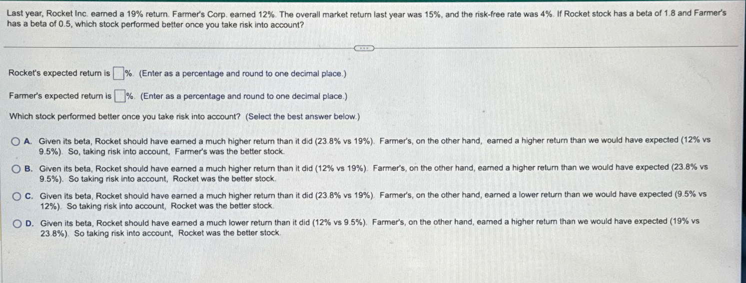  Last year, Rocket Inc. earned a 19% return. Farmer's Corp. earned