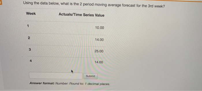  Using the data below, what is the 2 period moving average