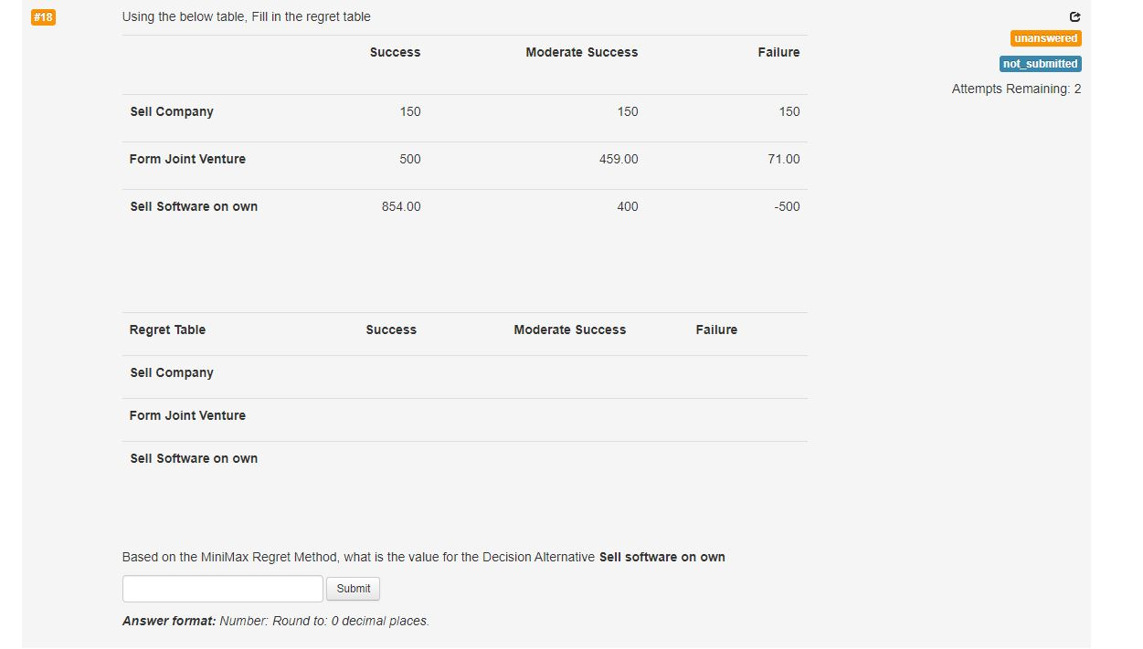 #18 Using the below table, Fill in the regret table unanswered